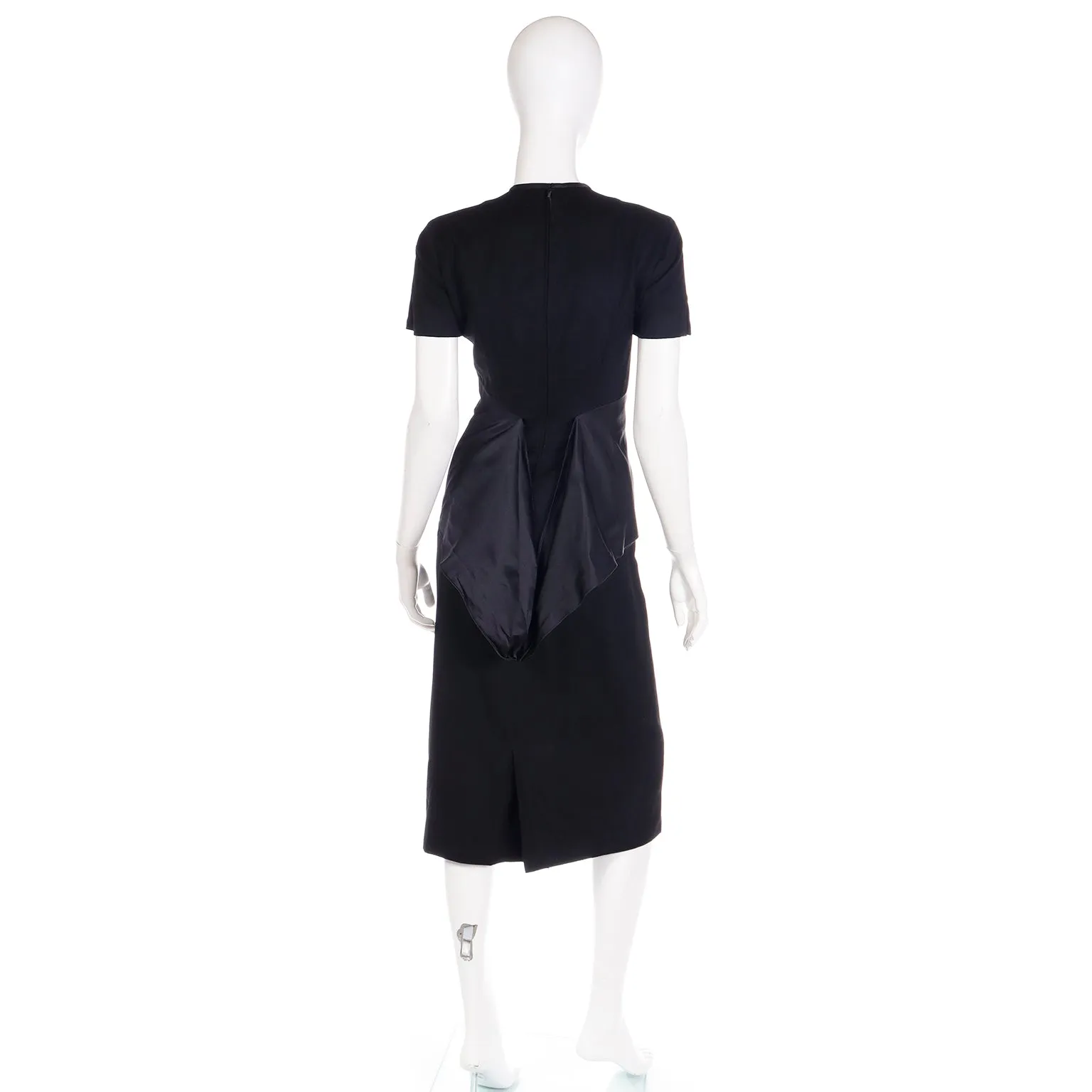 1950s Black Wool Evening Dress w/ Double Faced Satin Peplum