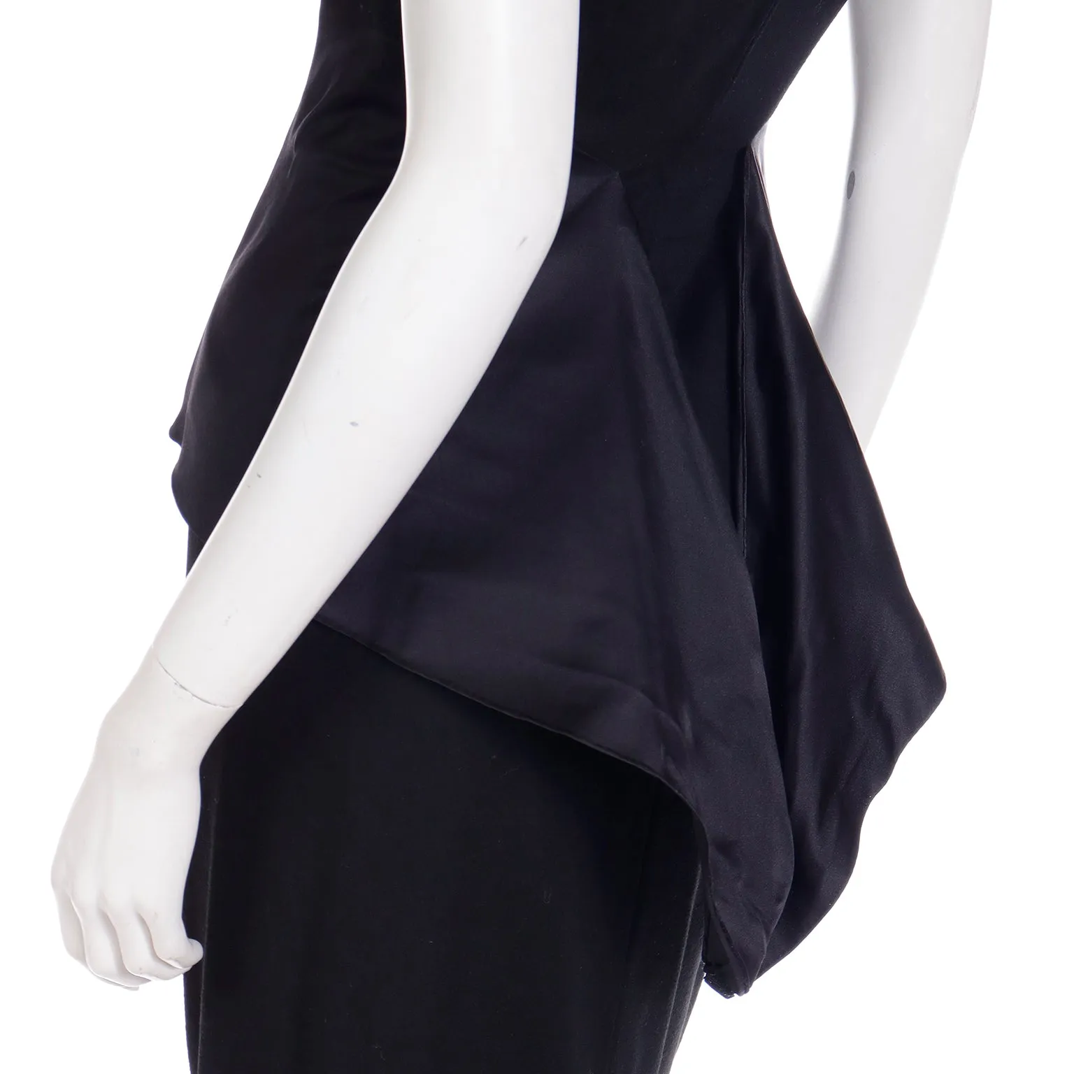 1950s Black Wool Evening Dress w/ Double Faced Satin Peplum