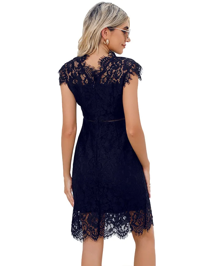 ALLOVIN Women's Sleeveless V-Back Floral Lace Cocktail Party Dress Elegant Knee Length Wedding Guest Dress