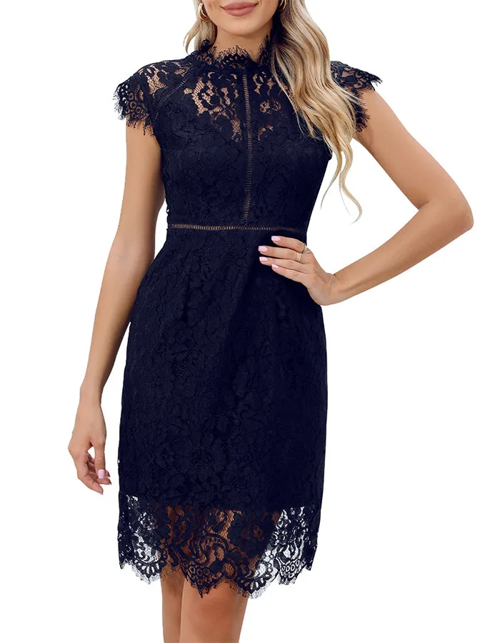 ALLOVIN Women's Sleeveless V-Back Floral Lace Cocktail Party Dress Elegant Knee Length Wedding Guest Dress