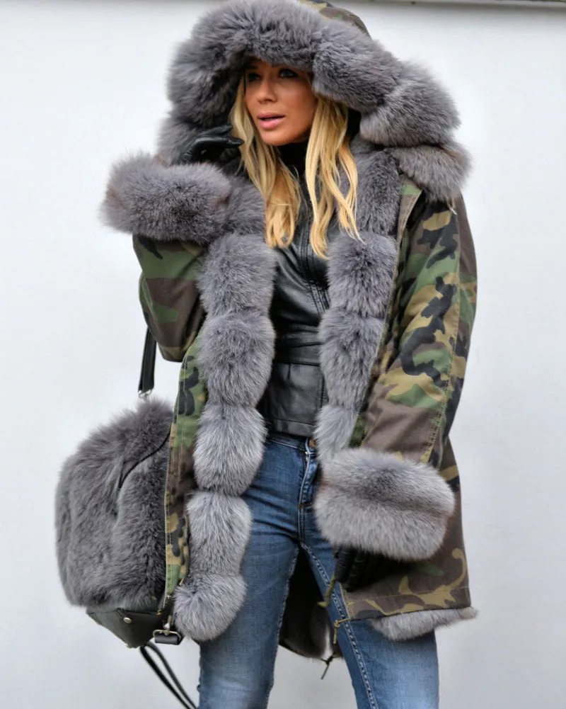 Aofur Women Thicken Warm Camouflage Grey Faux Fur Long Winter Coat Hooded Parka Jacket Outwear