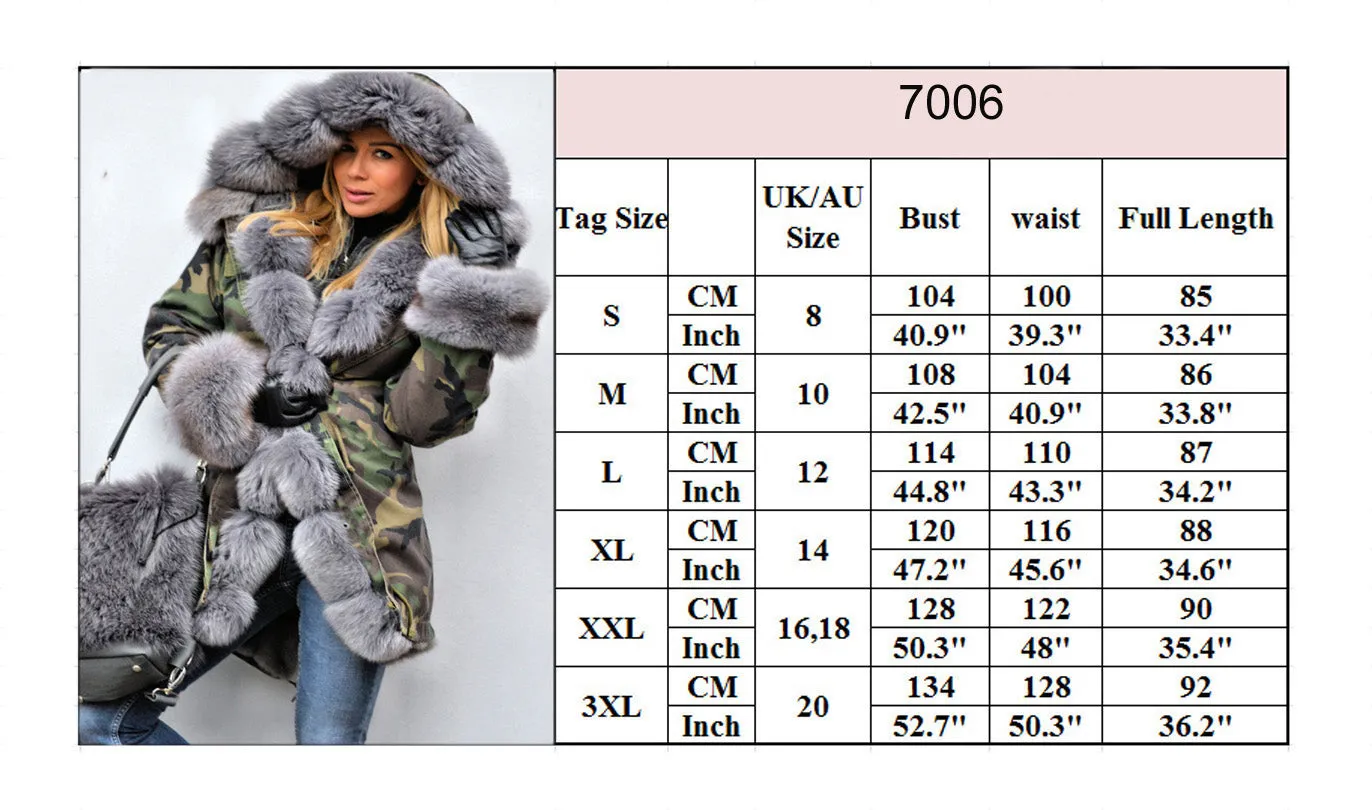 Aofur Women Thicken Warm Camouflage Grey Faux Fur Long Winter Coat Hooded Parka Jacket Outwear