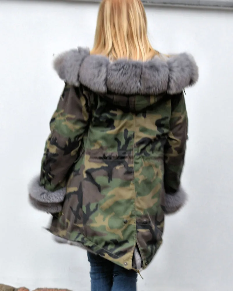 Aofur Women Thicken Warm Camouflage Grey Faux Fur Long Winter Coat Hooded Parka Jacket Outwear