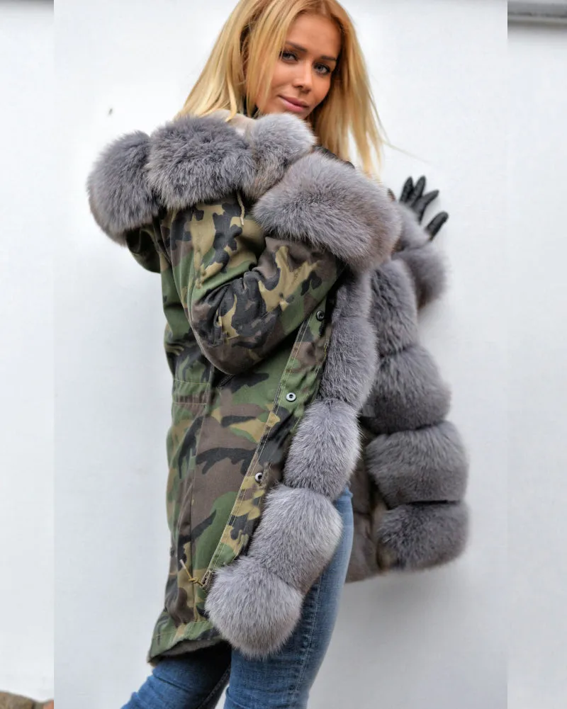 Aofur Women Thicken Warm Camouflage Grey Faux Fur Long Winter Coat Hooded Parka Jacket Outwear