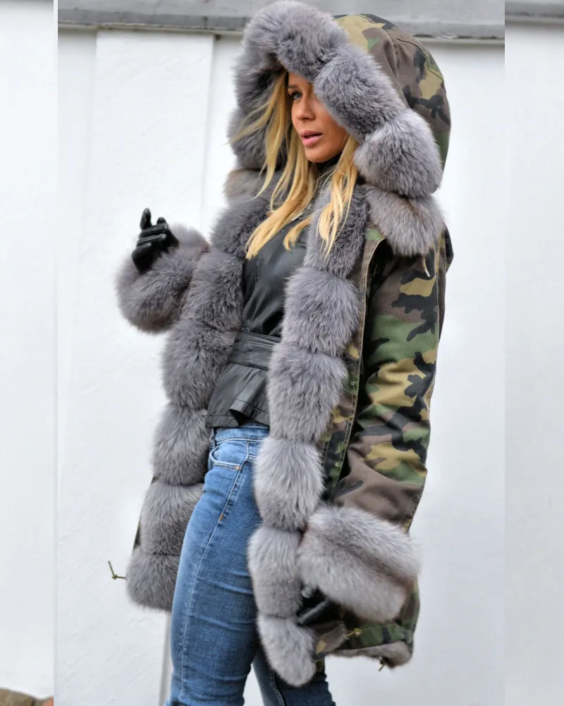 Aofur Women Thicken Warm Camouflage Grey Faux Fur Long Winter Coat Hooded Parka Jacket Outwear