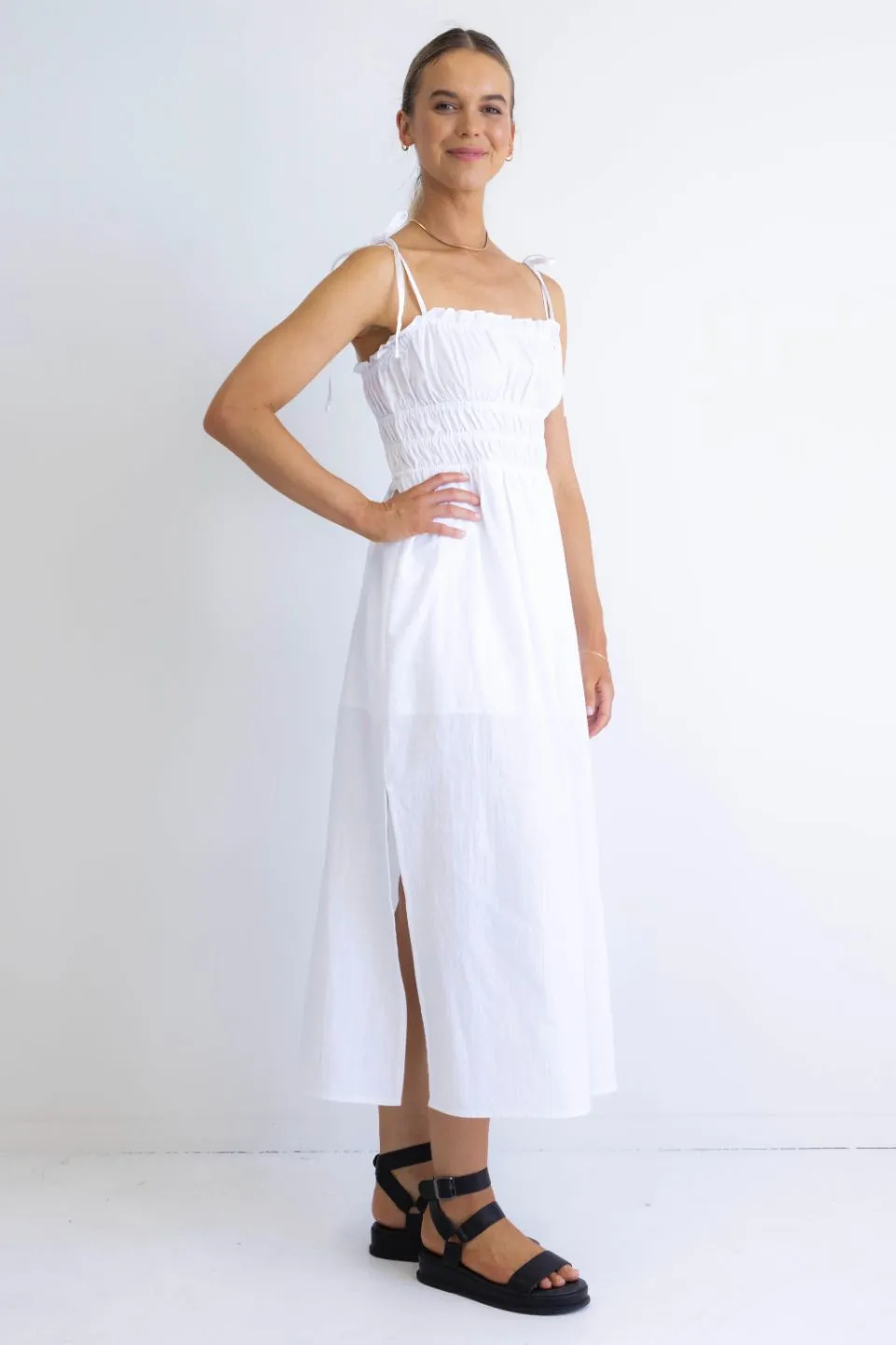 Arcadia White Cotton Gathered Tie Strap Midi Dress