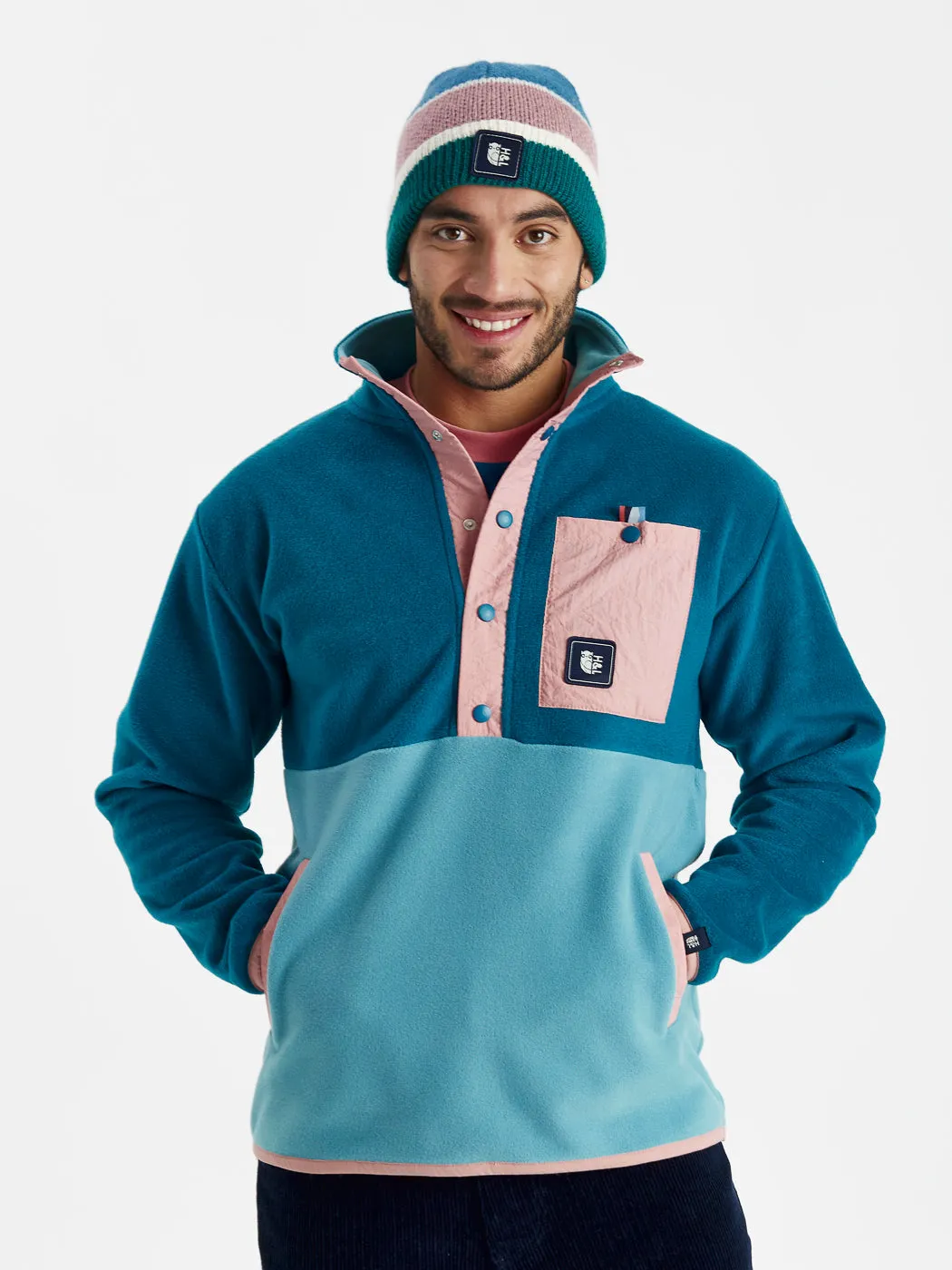 Aries Popper Neck Fleece Teal Green & Steel Blue