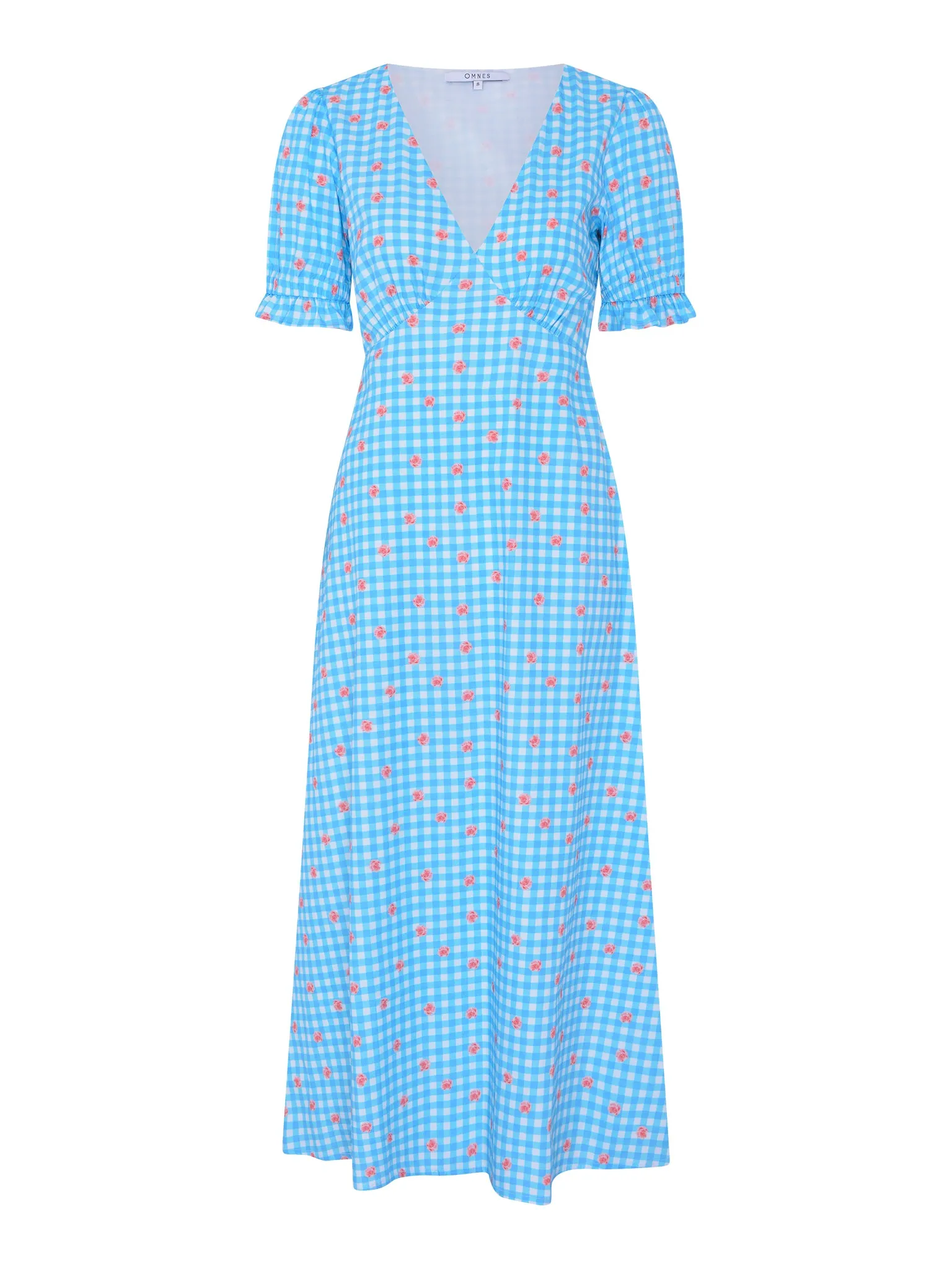 Beverley Floral Gingham Printed Frill Cuff Midi Dress in Blue