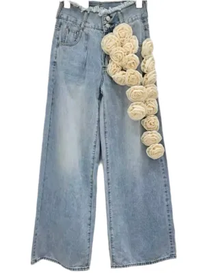 Blue jeans washed and white roses straight pants