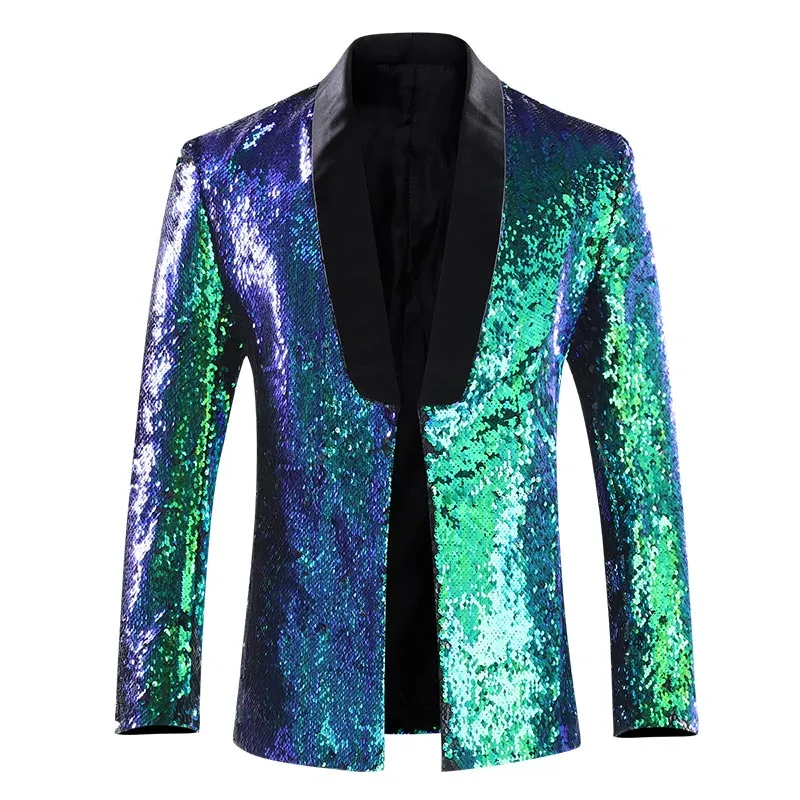 Bluish Green Buttonless Reversible Sequins Satin Collar Blazer