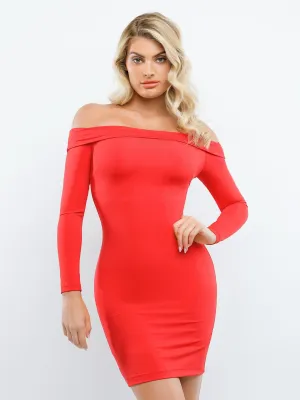 Built-In Shapewear Off Shoulder Long Sleeve Midi Dress