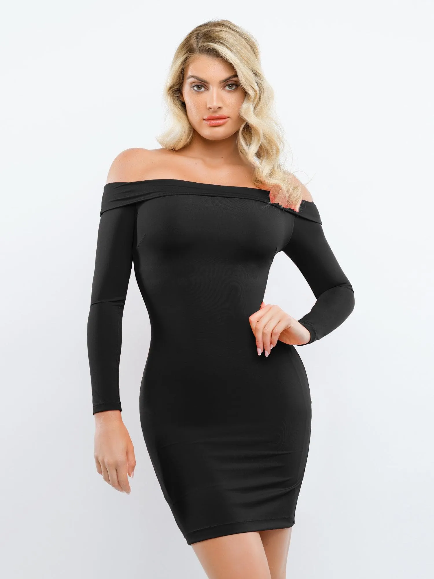 Built-In Shapewear Off Shoulder Long Sleeve Midi Dress