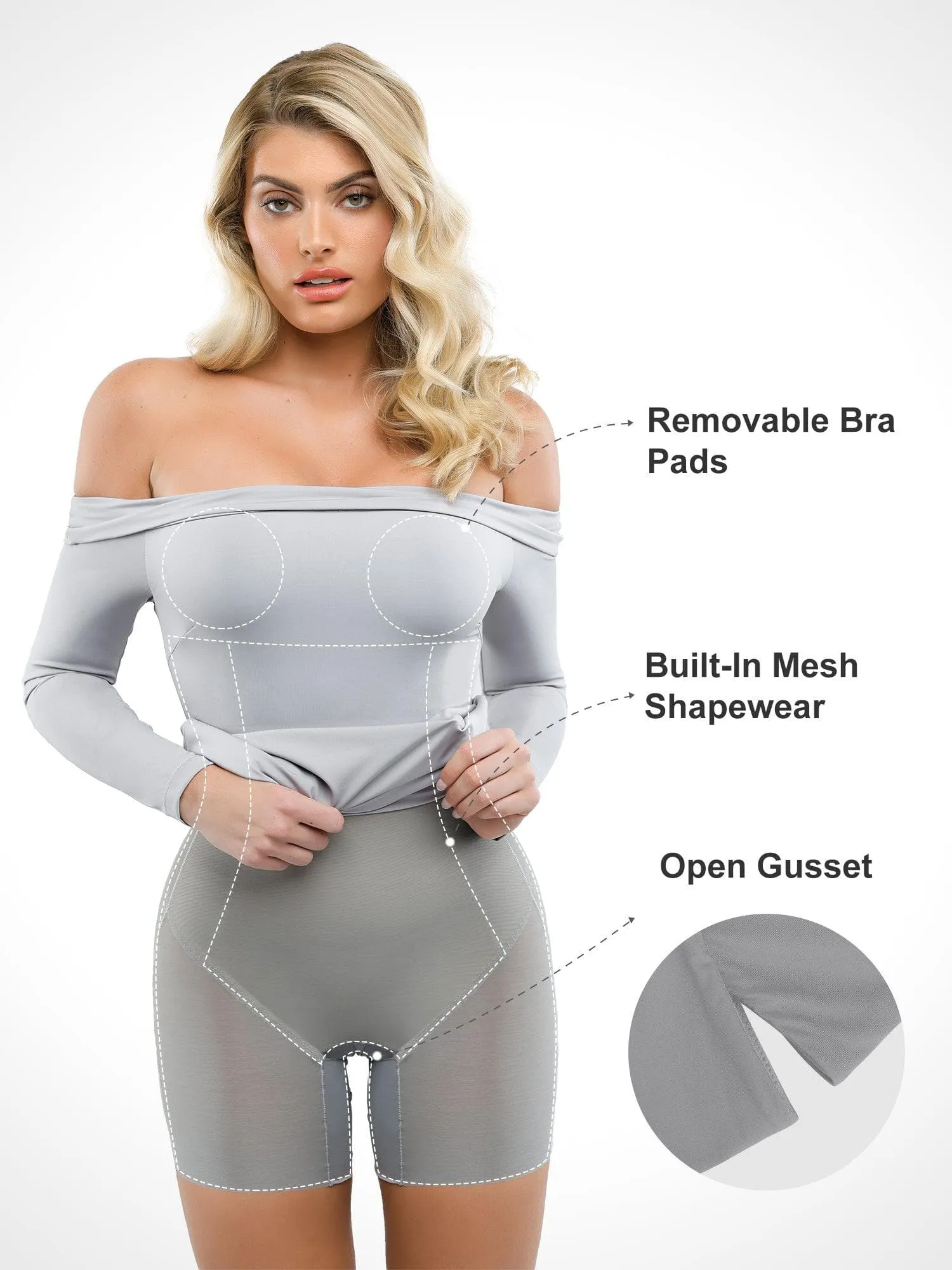 Built-In Shapewear Off Shoulder Long Sleeve Midi Dress