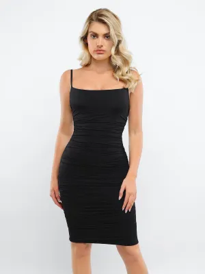 Built-In Shapewear Slip Ruched Midi Dress