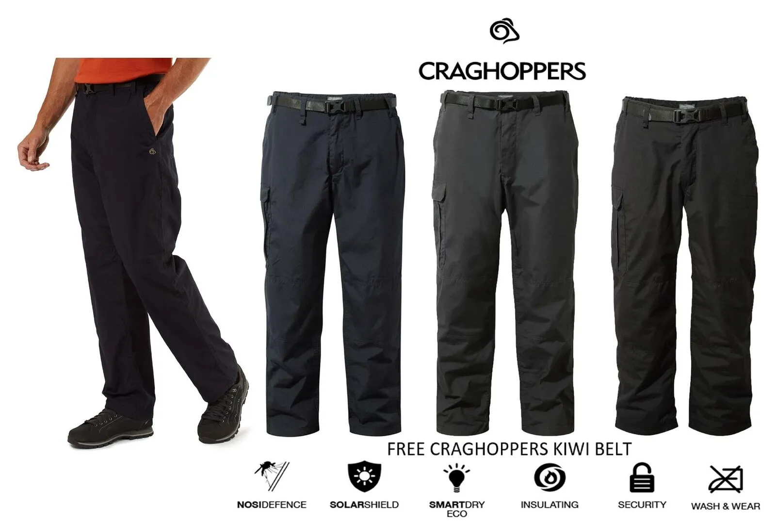 Craghoppers Mens Kiwi Winter Lined Warm Fleece Trousers & Belt