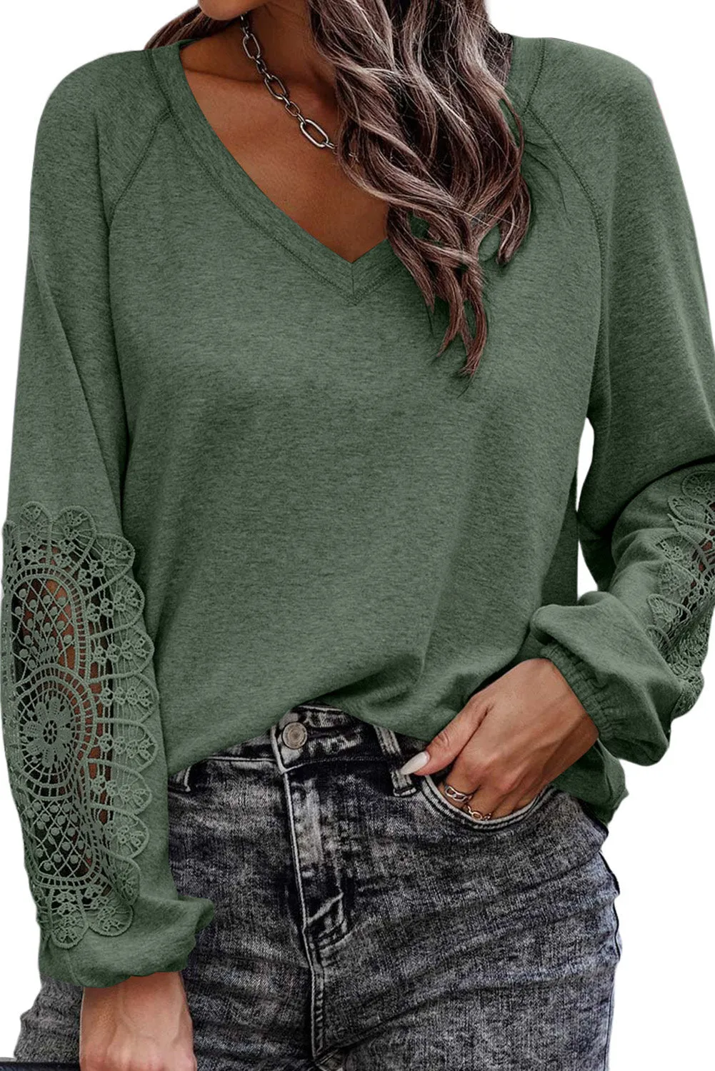 Crochet Lace Patch Raglan Sleeve Top