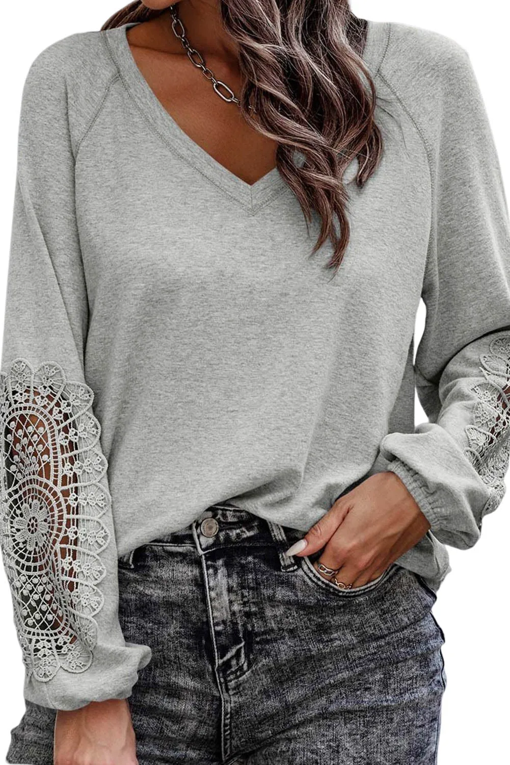 Crochet Lace Patch Raglan Sleeve Top