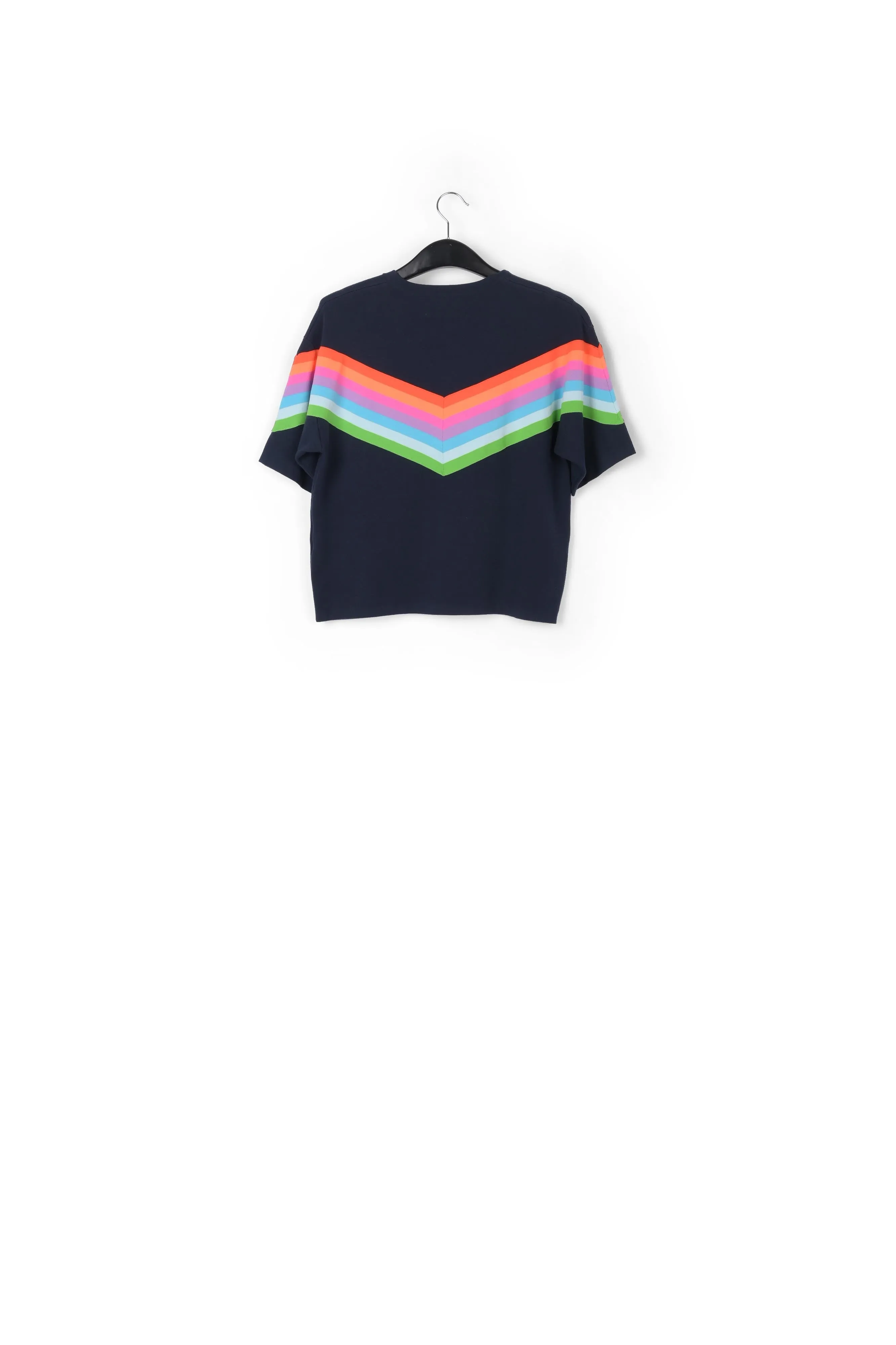 Dark blue knit sweater with multicolor stripes