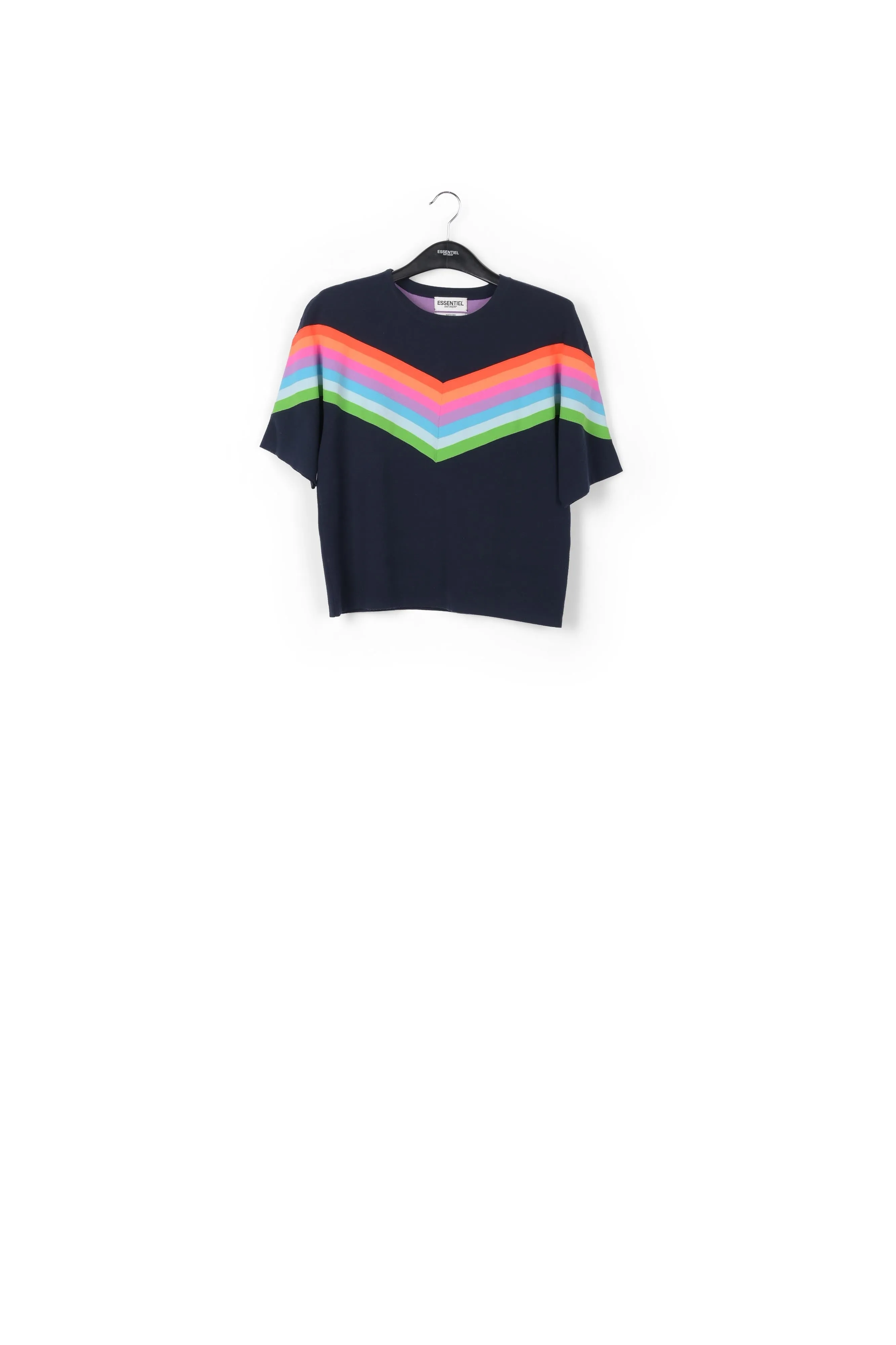 Dark blue knit sweater with multicolor stripes