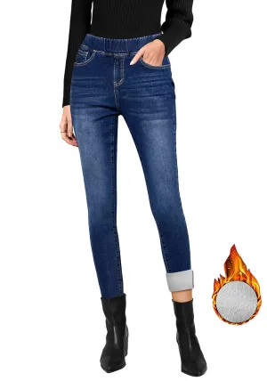 Dark Blue Women's High Waisted Fleece Lined Thermal Skinny Denim Pants