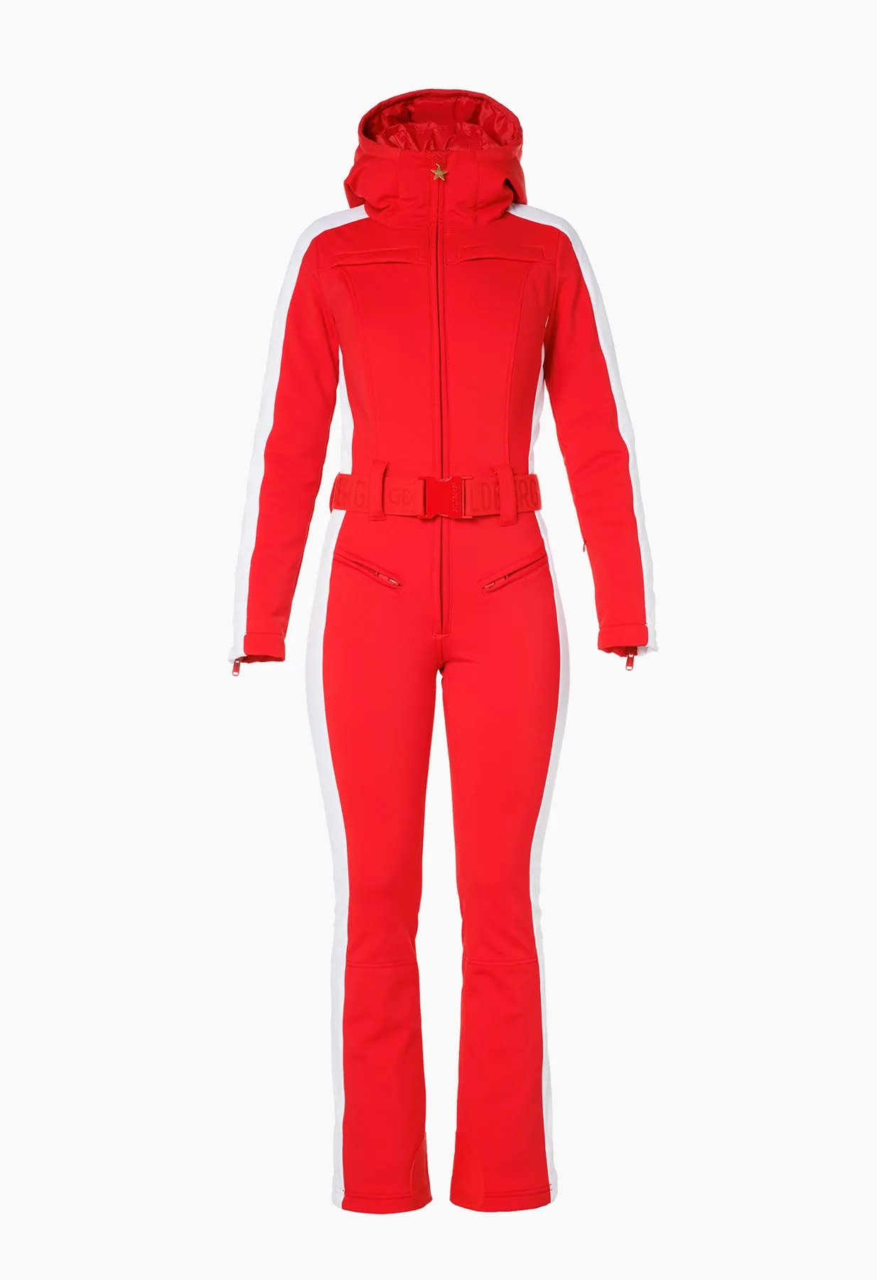 Goldbergh Coureur One Piece Ski Suit in Red with White Side Stripe