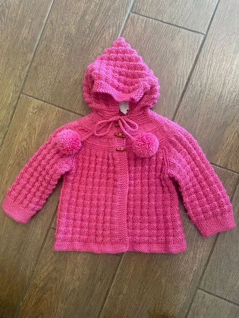 Hand Knitted Hooded Jacket with Pom Poms