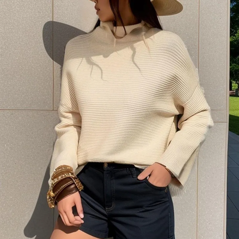 Loose Women’s Knitted Cropped Sleeve Solid Color Sweater