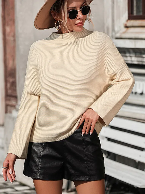 Loose Women’s Knitted Cropped Sleeve Solid Color Sweater