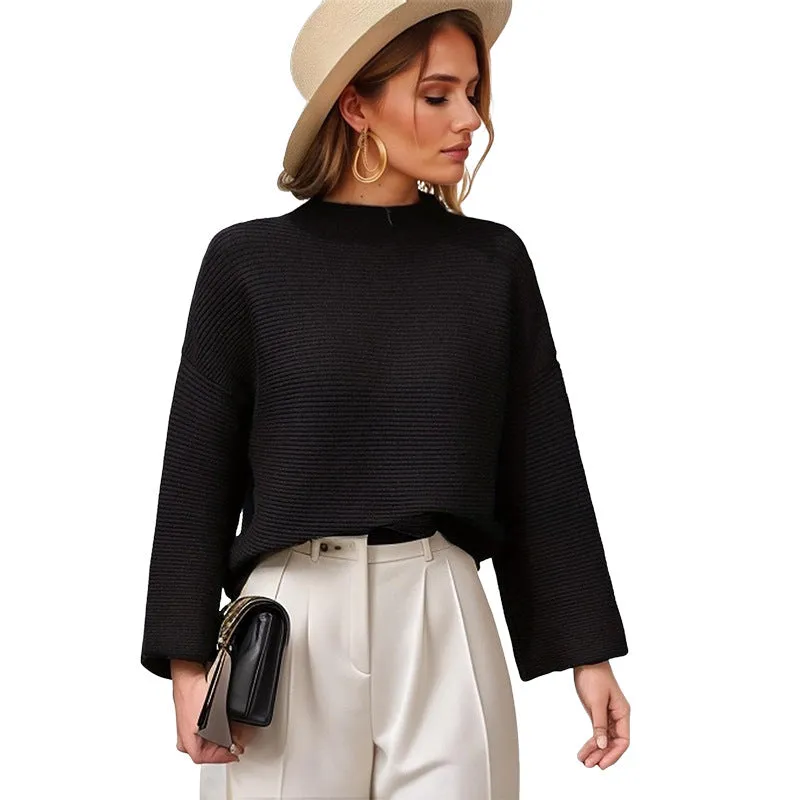 Loose Women’s Knitted Cropped Sleeve Solid Color Sweater