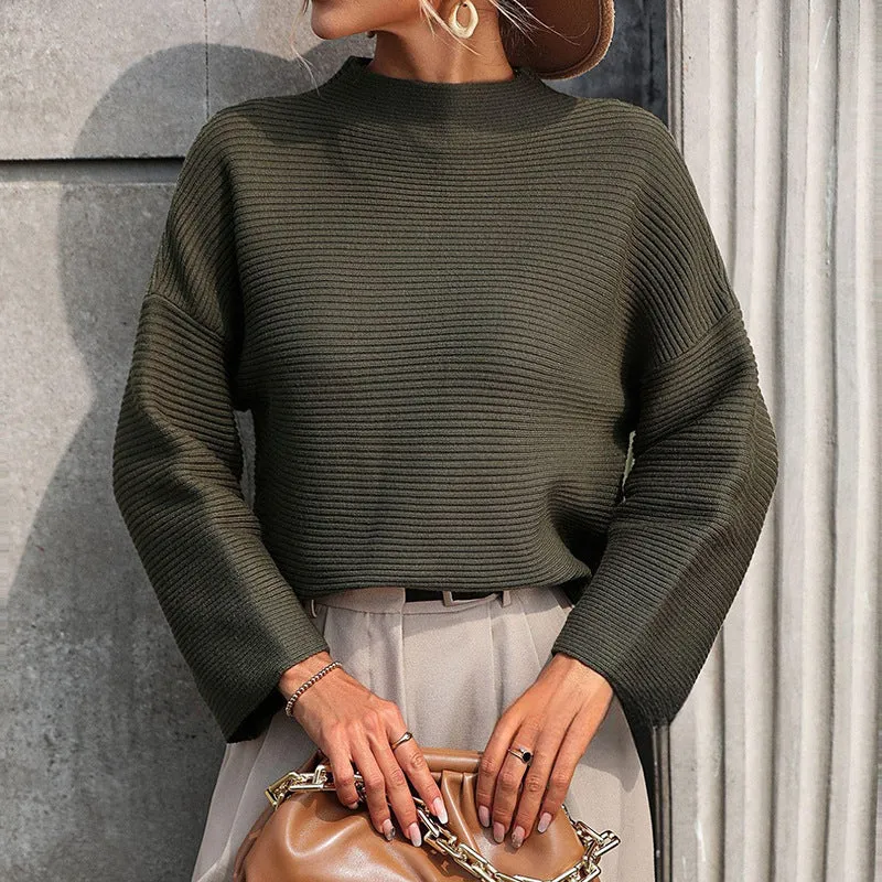 Loose Women’s Knitted Cropped Sleeve Solid Color Sweater