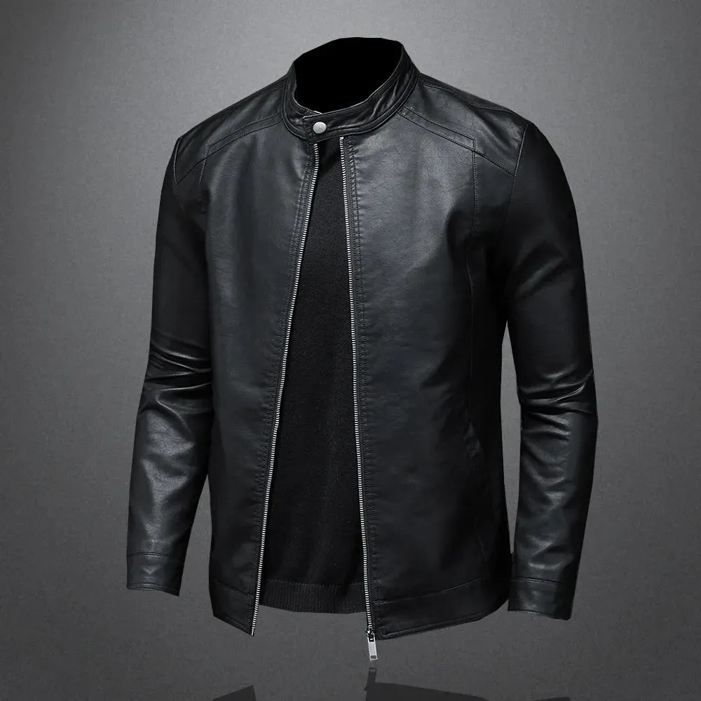 Mens Black Slim PU Leather Jacket- Stand Collar with Chain up