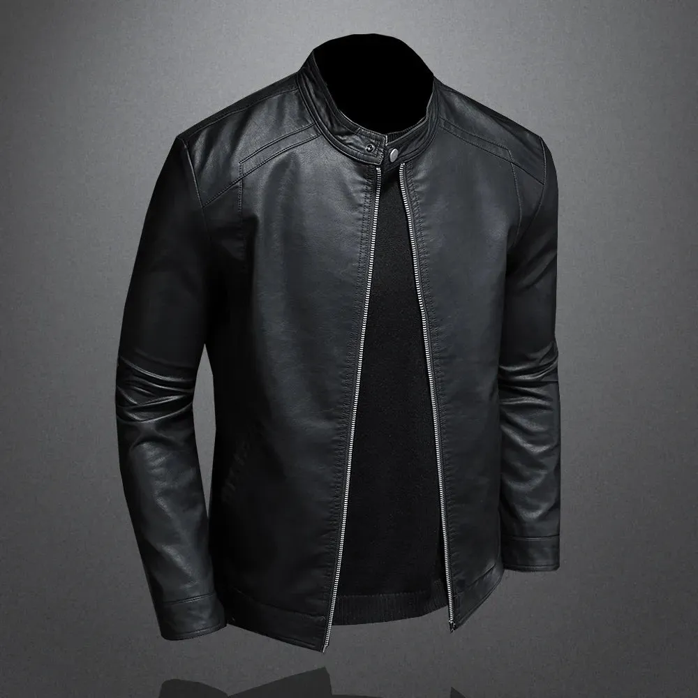 Mens Black Slim PU Leather Jacket- Stand Collar with Chain up