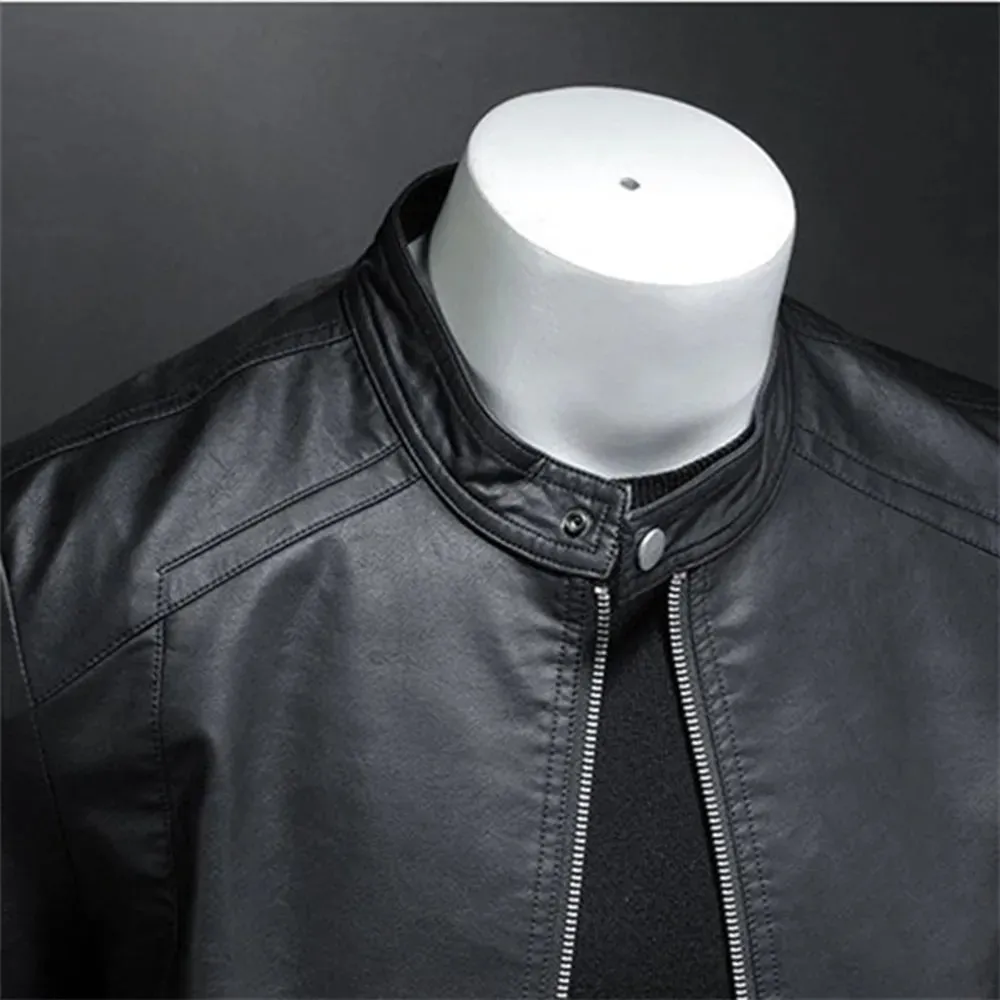 Mens Black Slim PU Leather Jacket- Stand Collar with Chain up