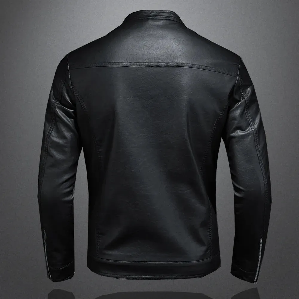 Mens Black Slim PU Leather Jacket- Stand Collar with Chain up