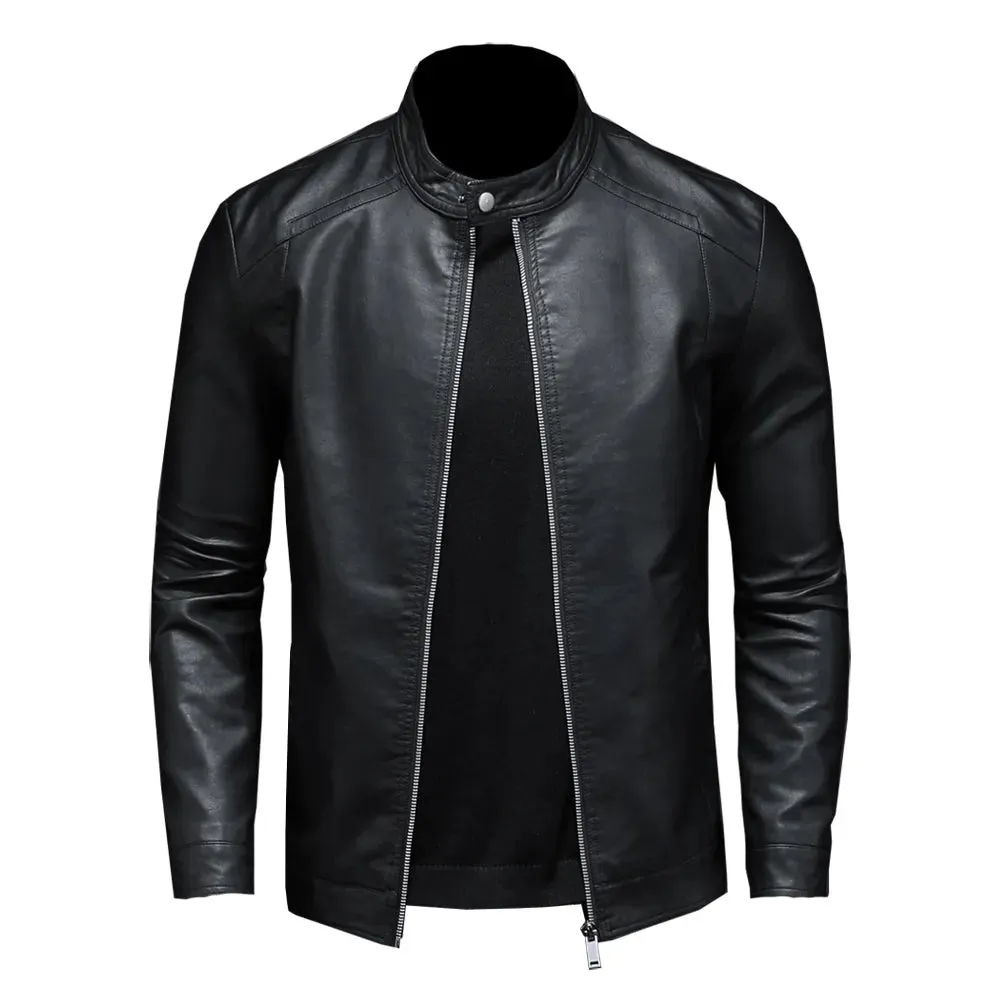 Mens Black Slim PU Leather Jacket- Stand Collar with Chain up