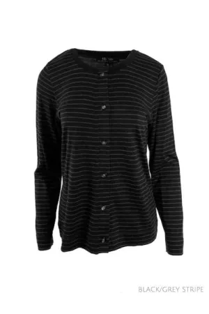 MERINO BUTTON CARDIGAN WOMENS LONG SLEEVES CREW NECK STRIPE BLACK/GREY