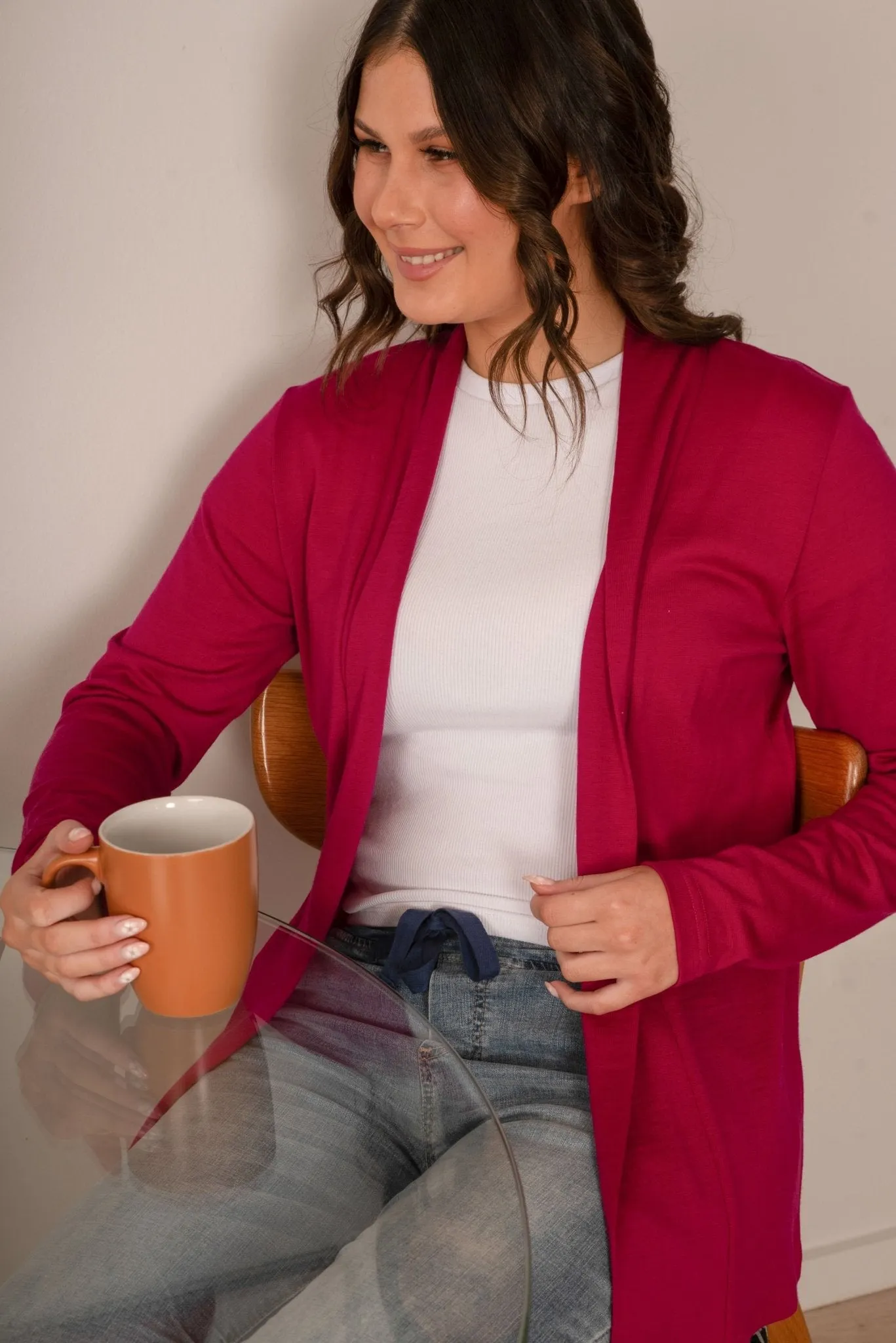 MERINO MID LENGTH EDGE TO EDGE WOMENS CARDIGAN RASPBERRY