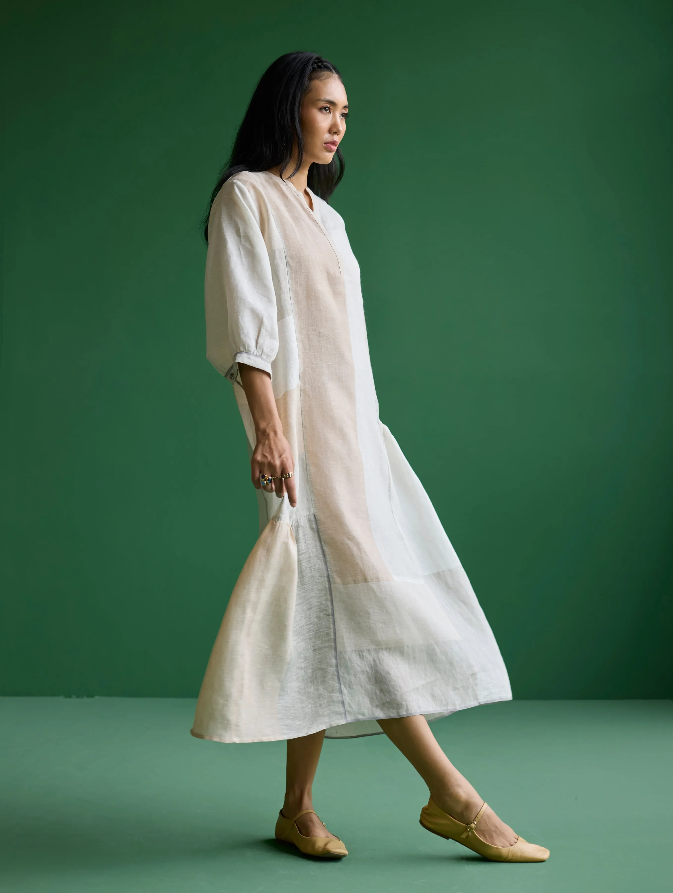 Nura Metallic Linen Paneled Dress - Ivory