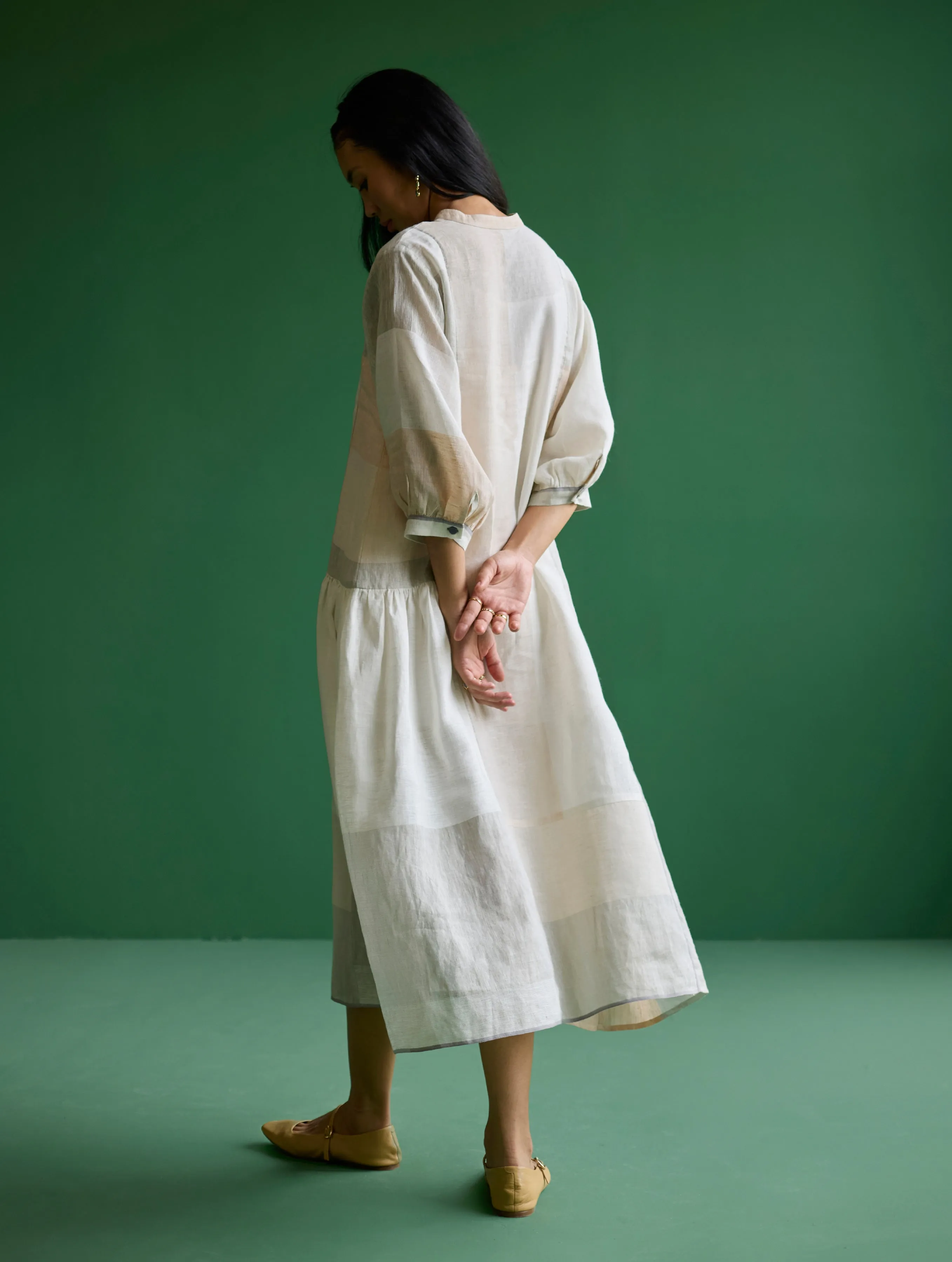 Nura Metallic Linen Paneled Dress - Ivory