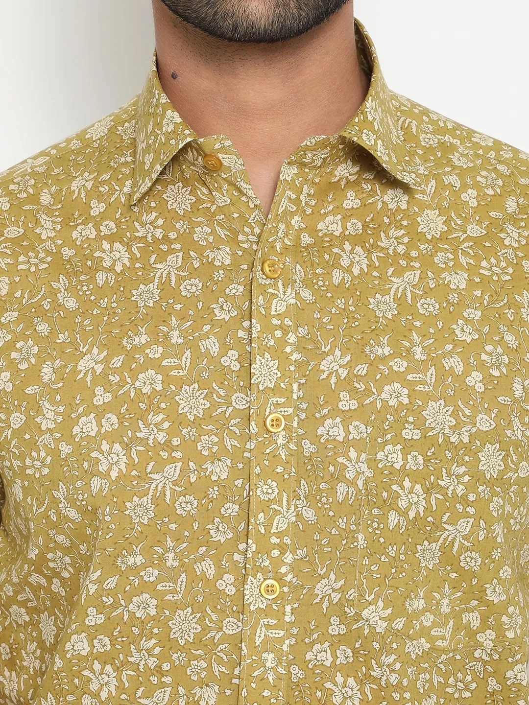 Pale yellow Short Sleeve Cotton Hand Block Printed Men’s Shirt