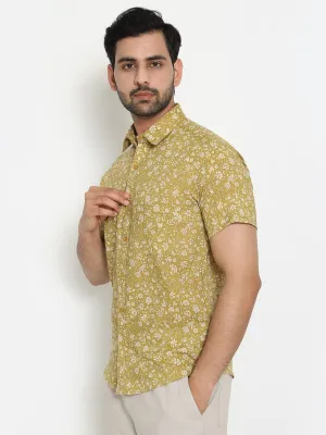 Pale yellow Short Sleeve Cotton Hand Block Printed Men’s Shirt