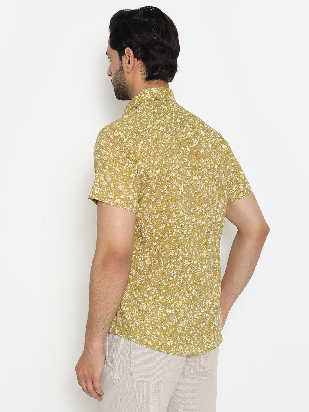 Pale yellow Short Sleeve Cotton Hand Block Printed Men’s Shirt