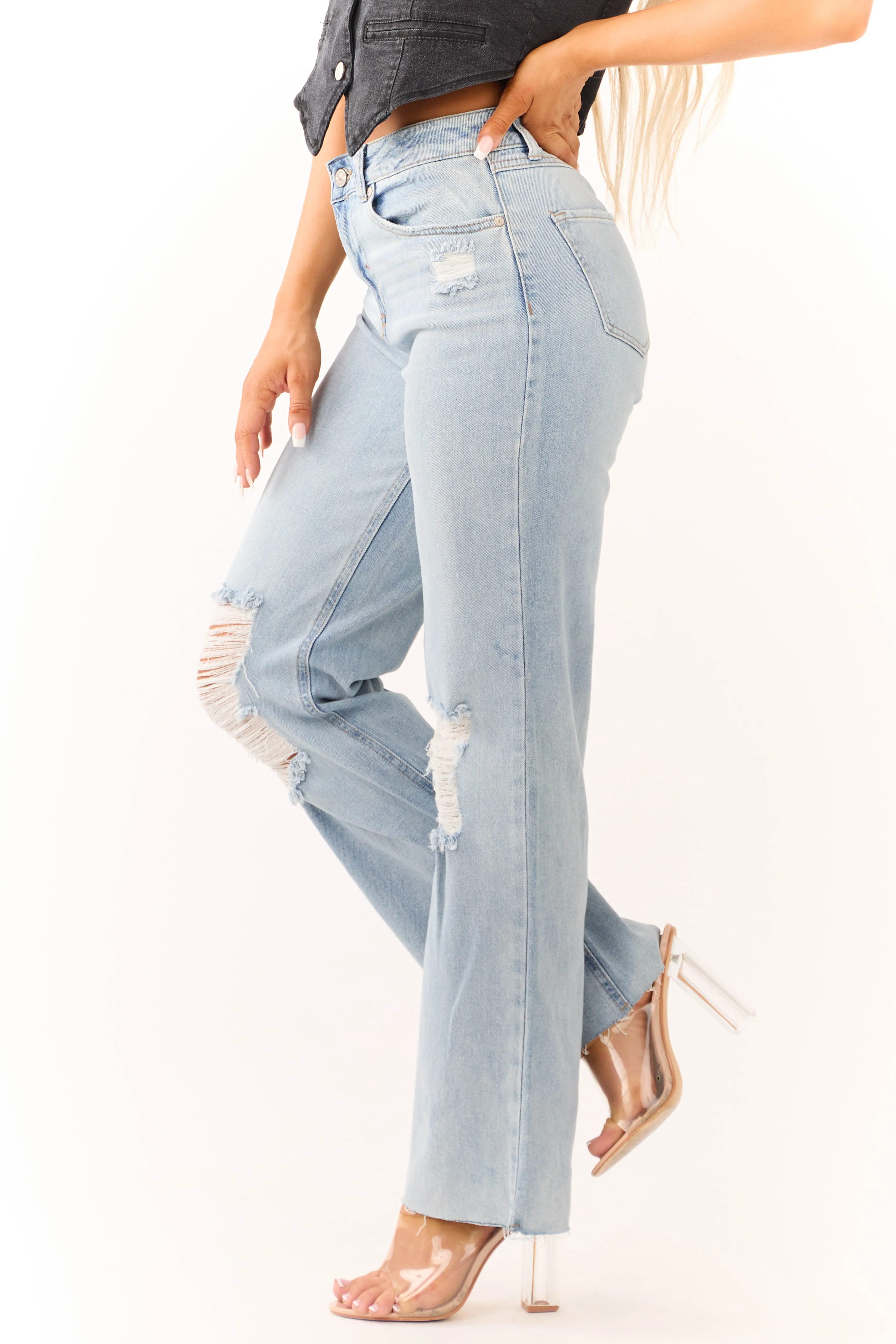 Rewash Light Wash Distressed Knee Wide Leg Jeans