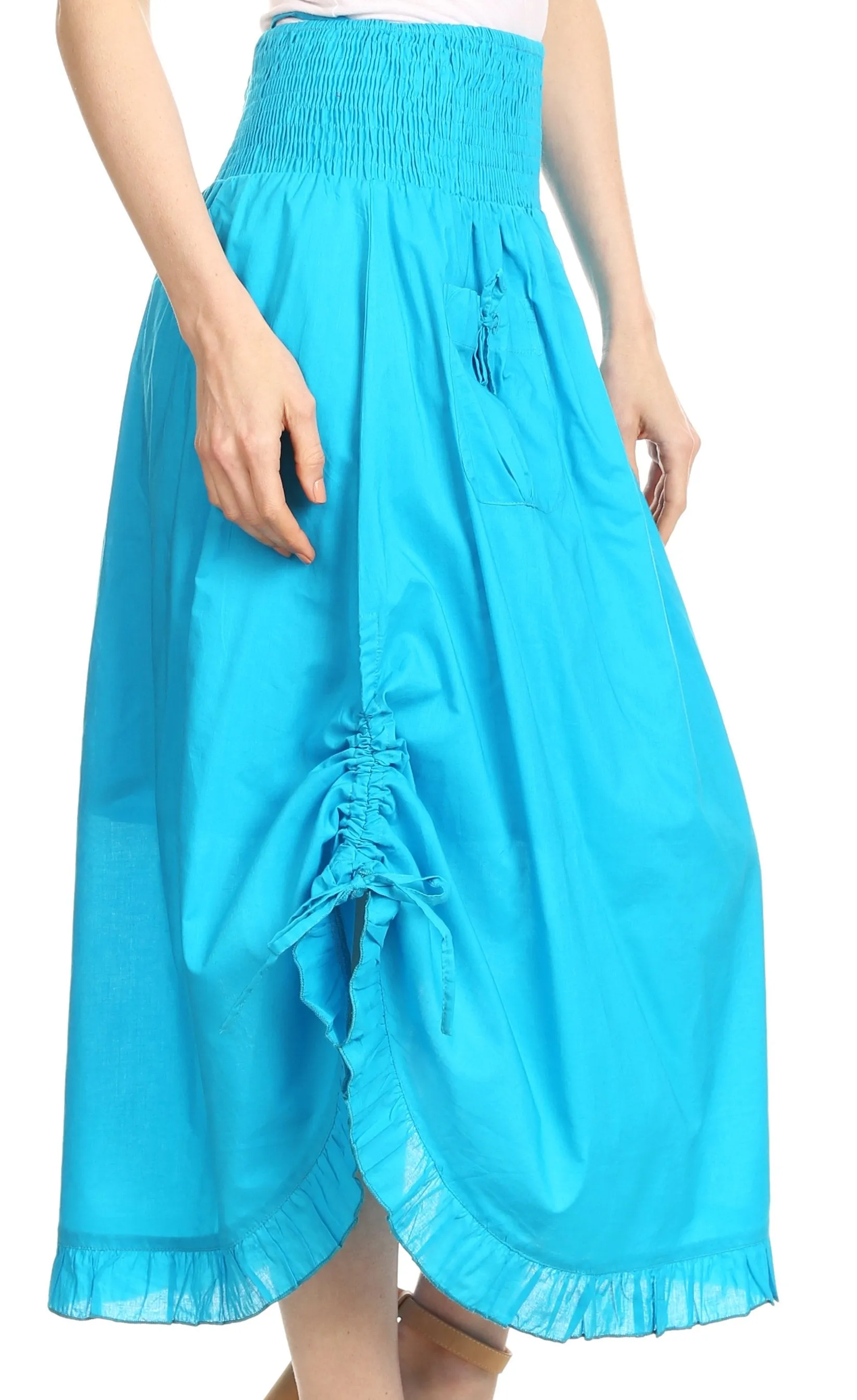 Sakkas Coco Long Cotton Ruffle Skirt with Pockets and Elastic Waistband