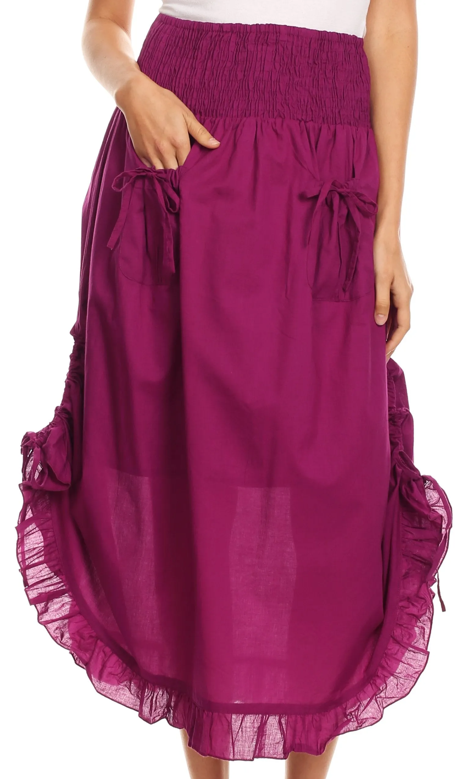 Sakkas Coco Long Cotton Ruffle Skirt with Pockets and Elastic Waistband