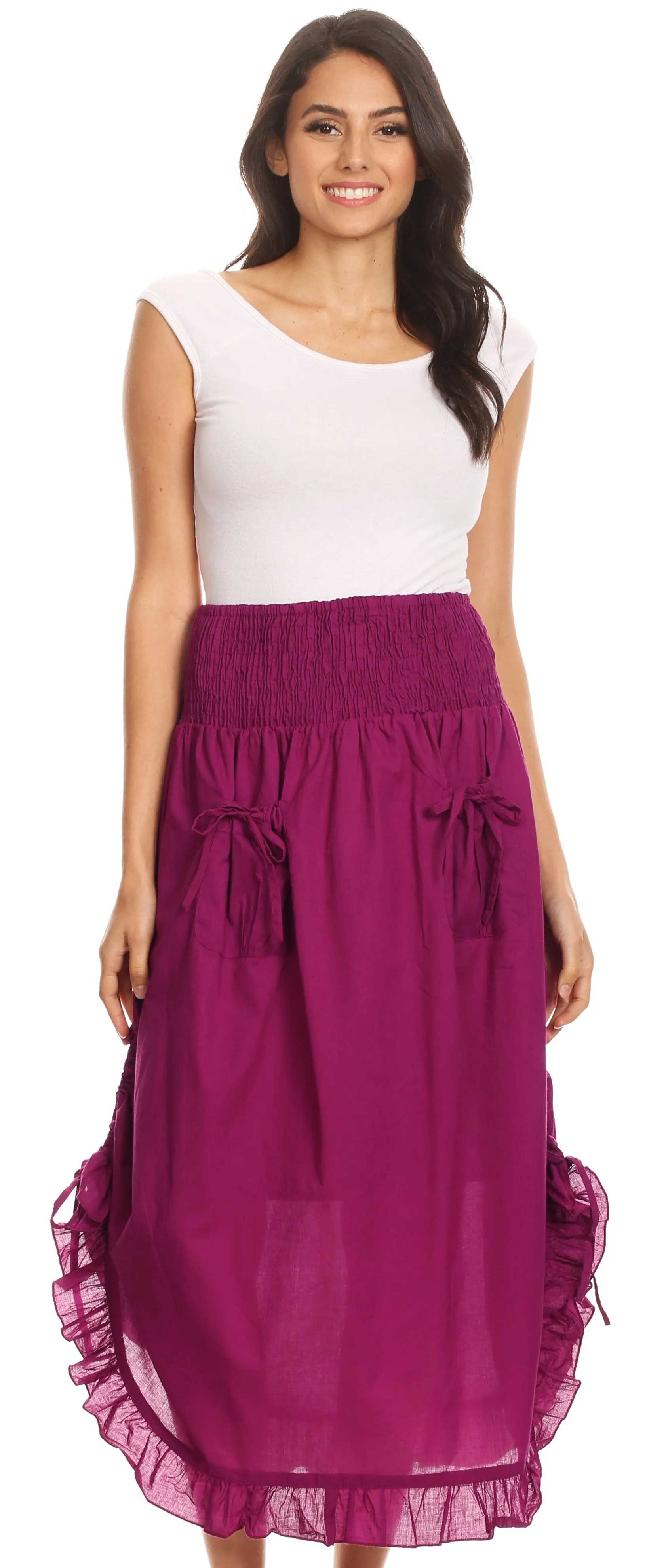 Sakkas Coco Long Cotton Ruffle Skirt with Pockets and Elastic Waistband