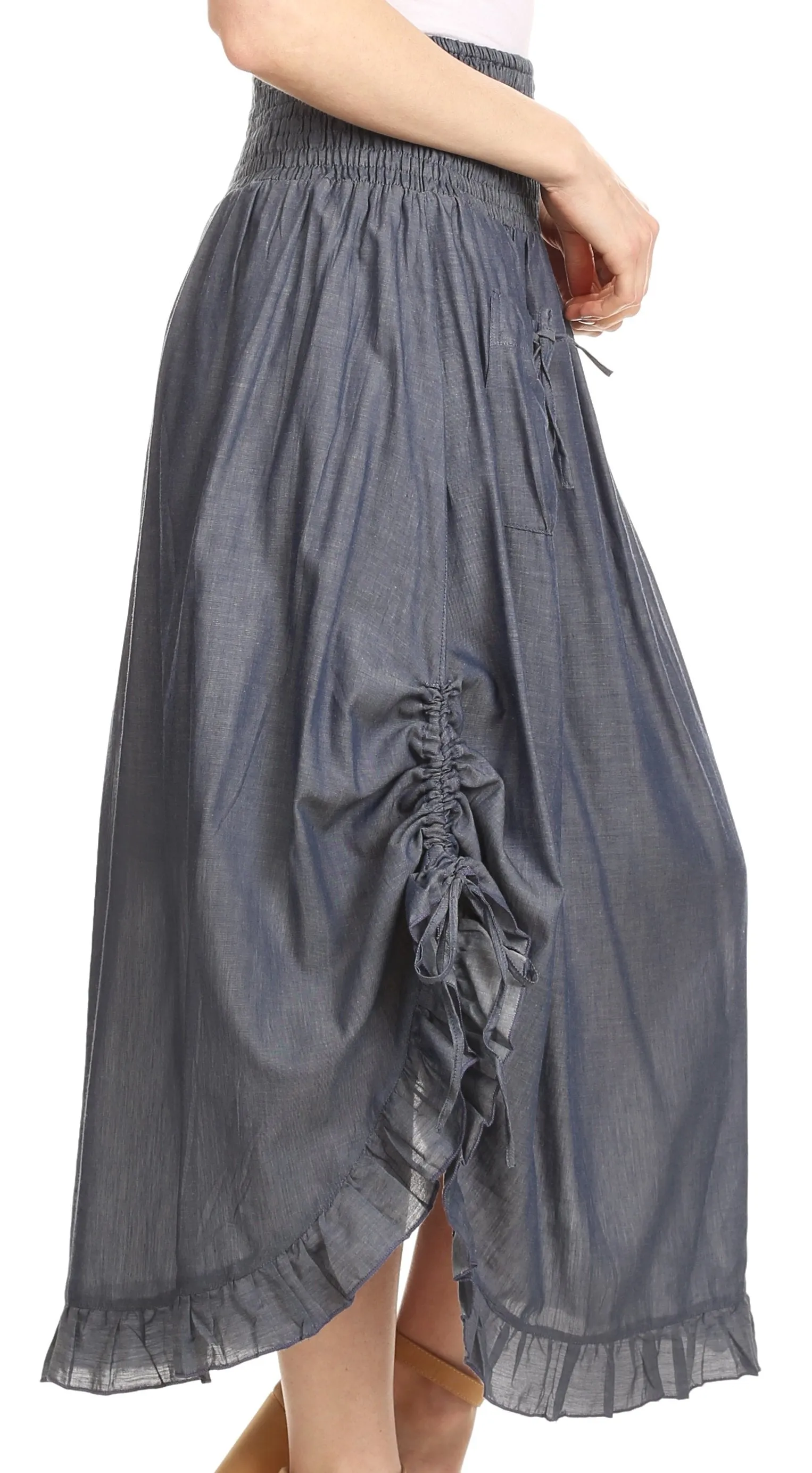 Sakkas Coco Long Cotton Ruffle Skirt with Pockets and Elastic Waistband