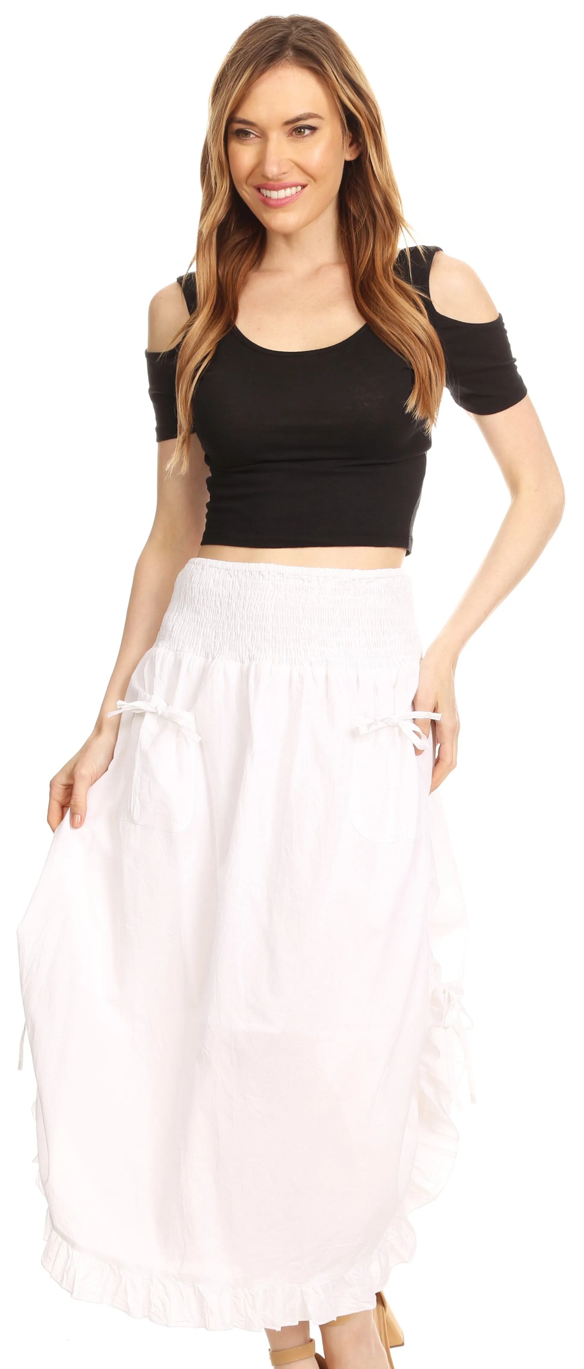 Sakkas Coco Long Cotton Ruffle Skirt with Pockets and Elastic Waistband