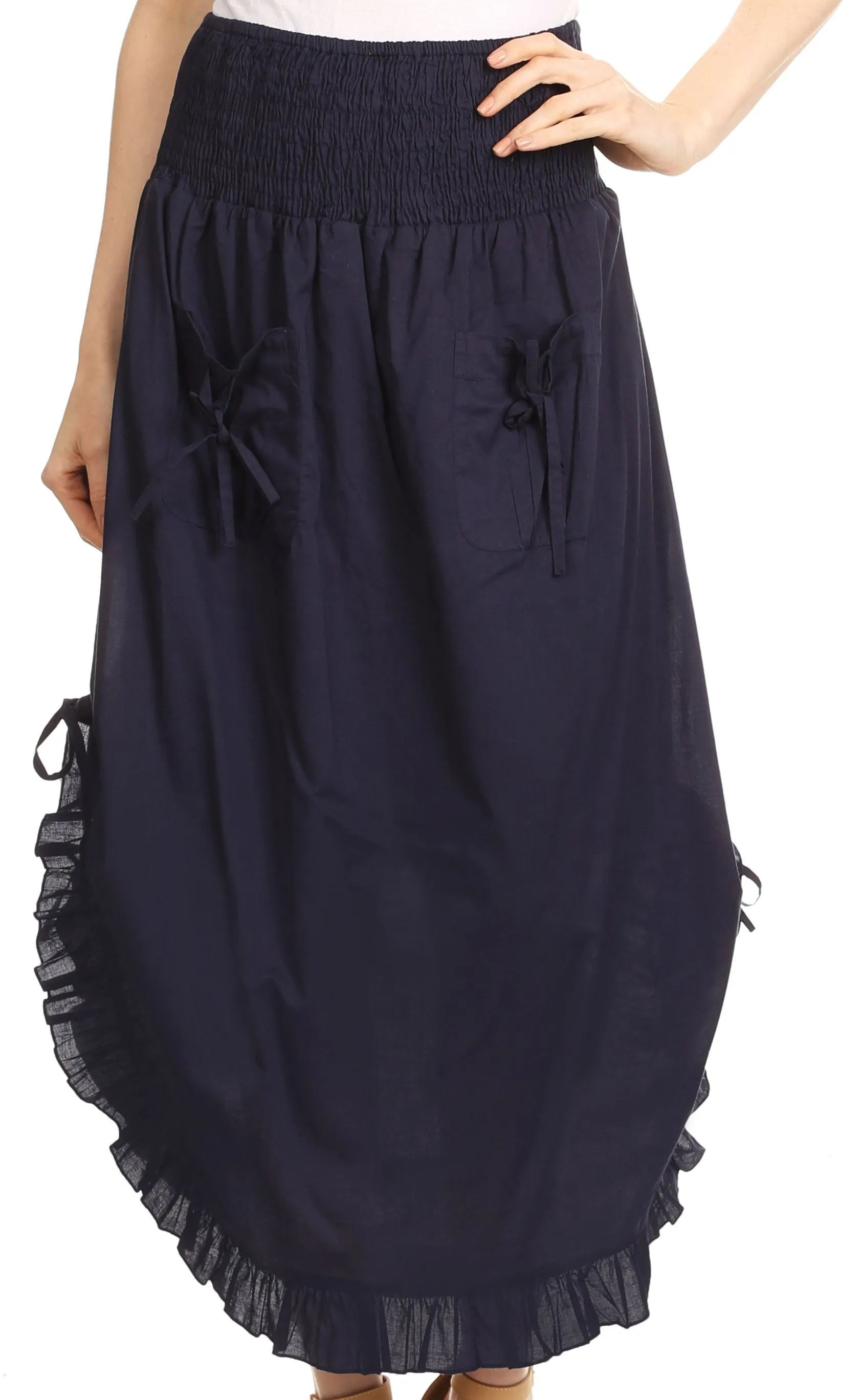 Sakkas Coco Long Cotton Ruffle Skirt with Pockets and Elastic Waistband