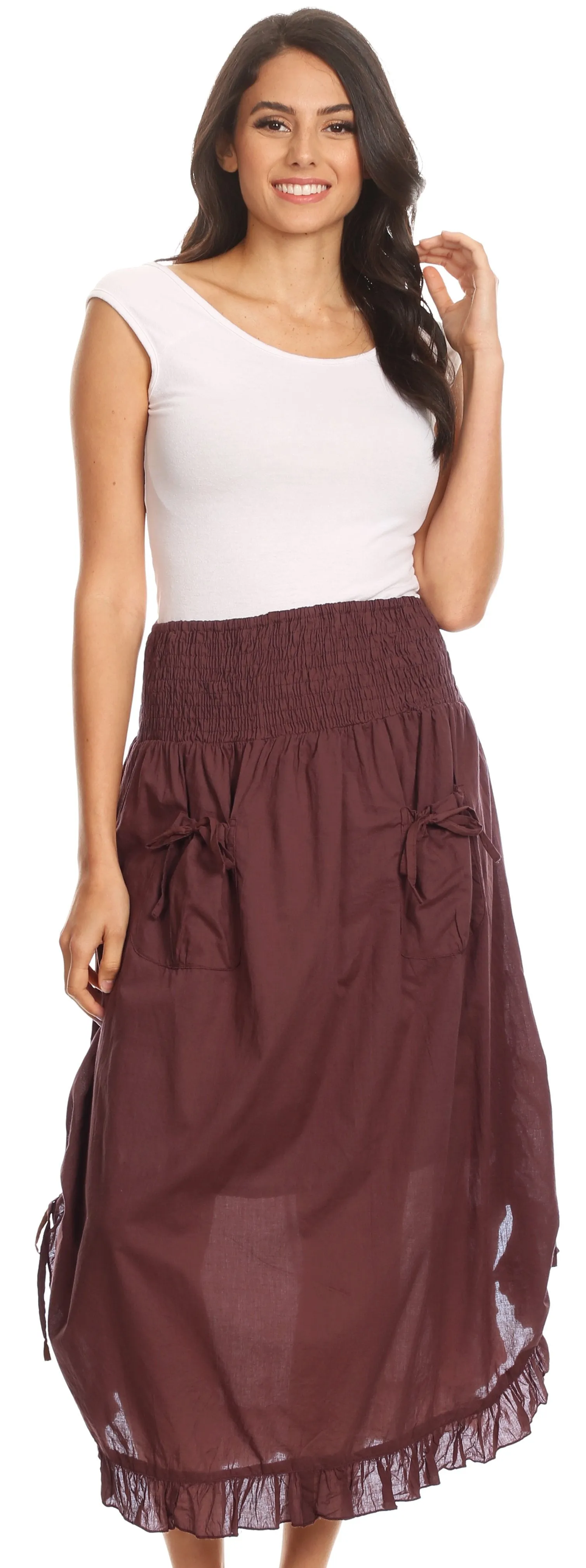 Sakkas Coco Long Cotton Ruffle Skirt with Pockets and Elastic Waistband